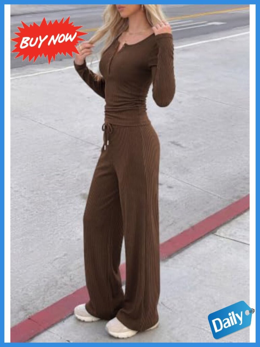 Ribbed Knit 2 Piece Lounge Set Long Sleeve Henley & Wide Leg Pants - Picture 3 of 6